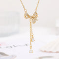 Fashion Cubic Zirconia Bow Rose Gold Plated Gold Plated Stainless Steel Butterfly Tassel Necklace Women Jewelry