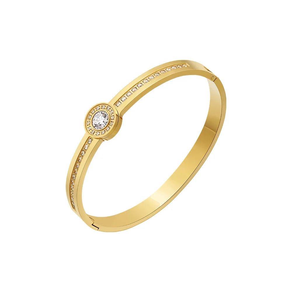Latest 18K Gold Plated Stainless Steel Jewelry Geometric Round Zircon Pressure Bangle HipHop for Women Bracelet B232339