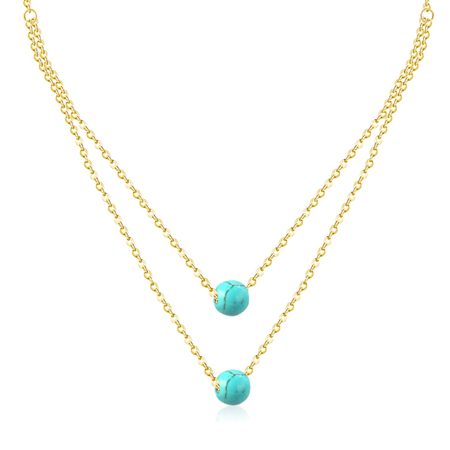 Stainless Steel Jewelry 18K Gold Plated Pendant Necklace Double Layer Turquoise Bead Chain Minimalist Dainty Layering Necklaces