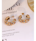 Minimalist Women Jewelry CZ Stone Earrings 18K Gold Plated Stainless Steel Colorful C-shaped CZ Earrings