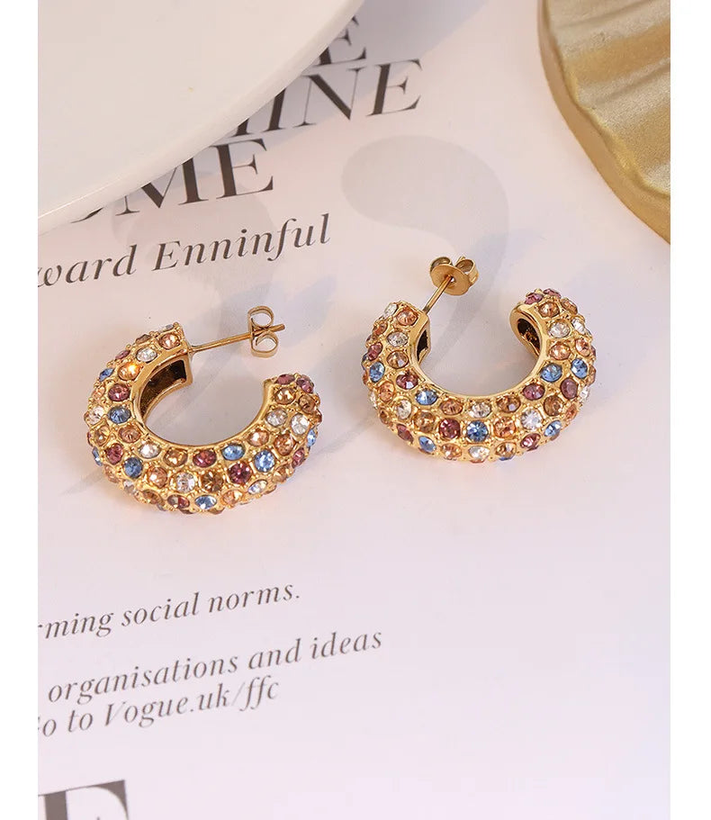Minimalist Women Jewelry CZ Stone Earrings 18K Gold Plated Stainless Steel Colorful C-shaped CZ Earrings