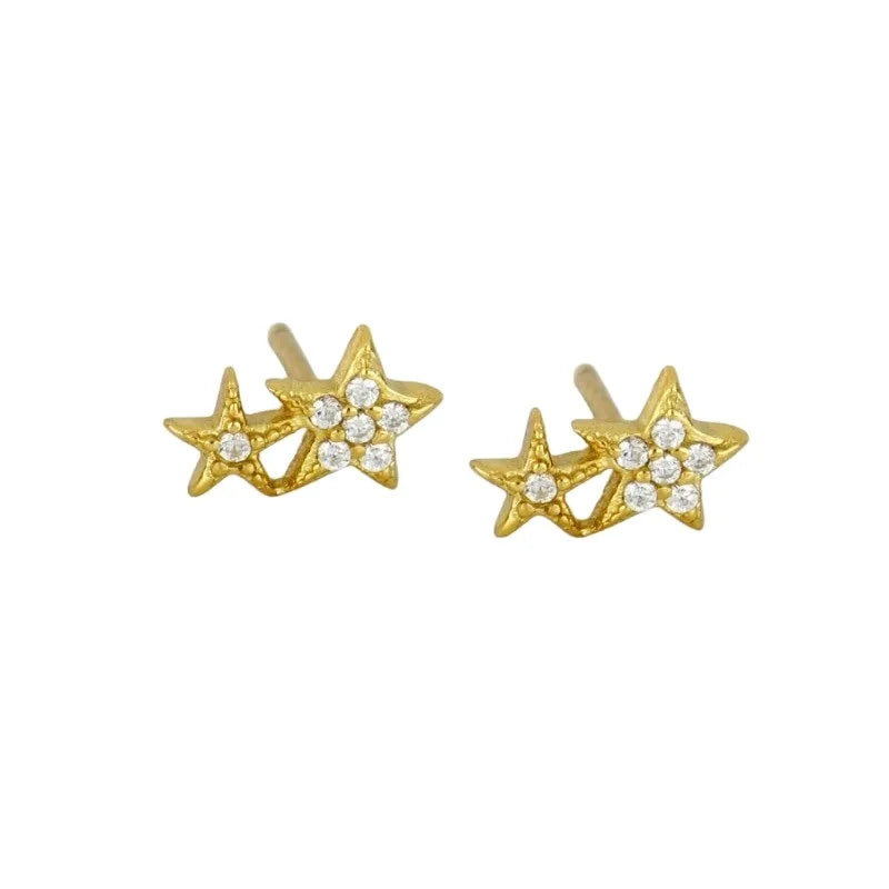 Mini 925 Sterling Silver Zircon Double Five-pointed Star Stud Earring Trendy Jewelry Gift
