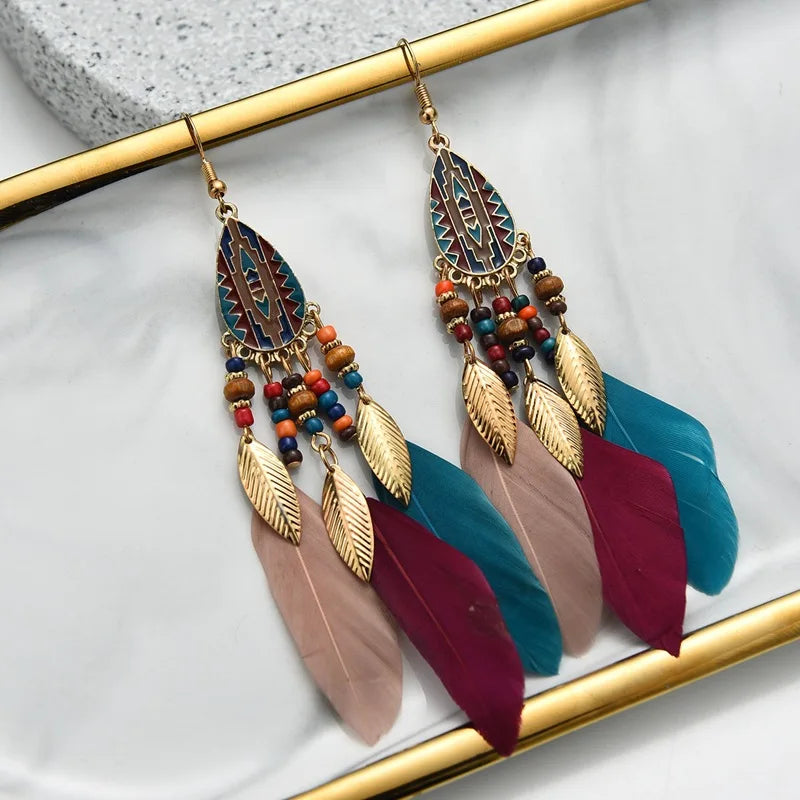Risingmoon 2023 Design Beach Style Summer Boho Seed Bead Long Tassel Earrings Feather Earrings for Women Wholesale