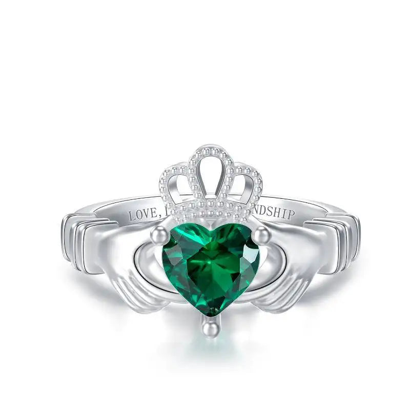 Fine Jewelry 925 Sterling Silver Irish Claddagh Engraved Emerald Love Loyalty Ring for Women