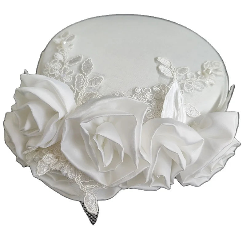 New Retro Women woman White Flower Satin Pillbox Hats Kentucky Derby Ladies Wedding Hat for Bride