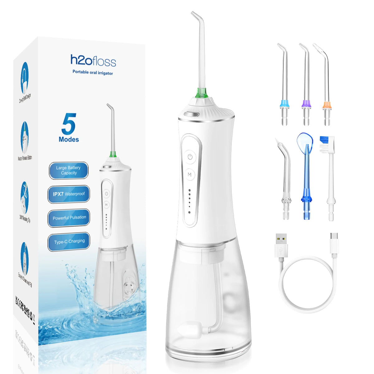 H2ofloss Portable Water Flosser IPX7 Waterproof Private Label Water Jet Oral Care Tool 2500mah Rechargeable OEM ODM