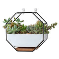Hot Sale 7" White Ceramic Wall Planters Vase Copper Drainage Hole With Bamboo Tray Hanging Geometric Hexagon Wall Decor