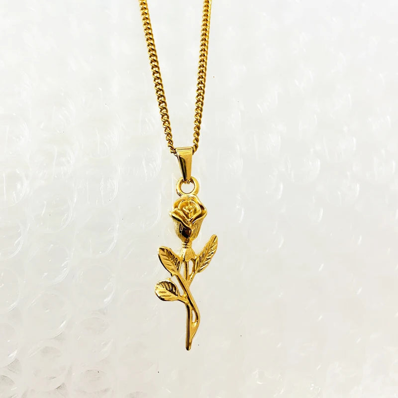 18k Gold Plating Rose Pendant Jewelry Beautiful Rose Flowers Necklace Statement Fashion Jewelry Long Charm Necklaces Girls