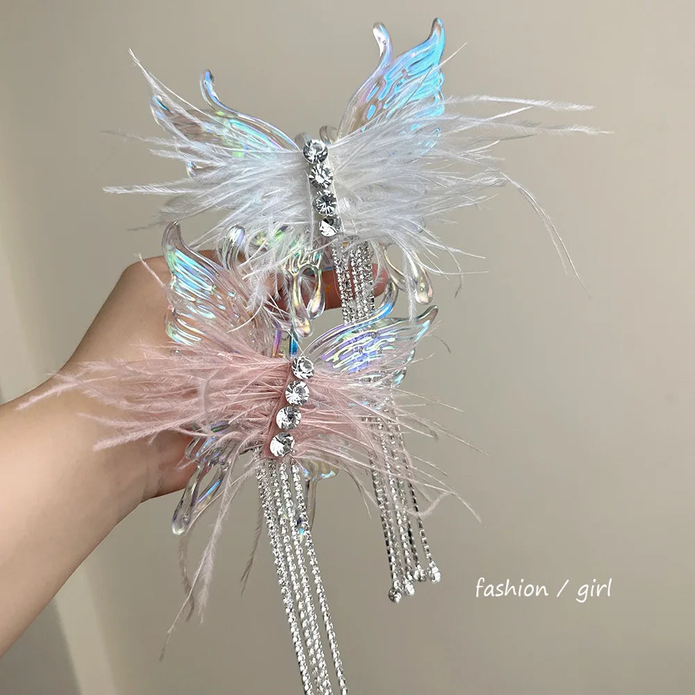 Summer Pink Handmade Feather Rhinestone Tassel Butterfly Hair Caw Clips Hair Accessories for Girls Women