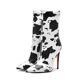 Women's Mid Calf Boots Western Cow Print Slip on Stiletto Heels with Pointed Toe for Autumn Winter