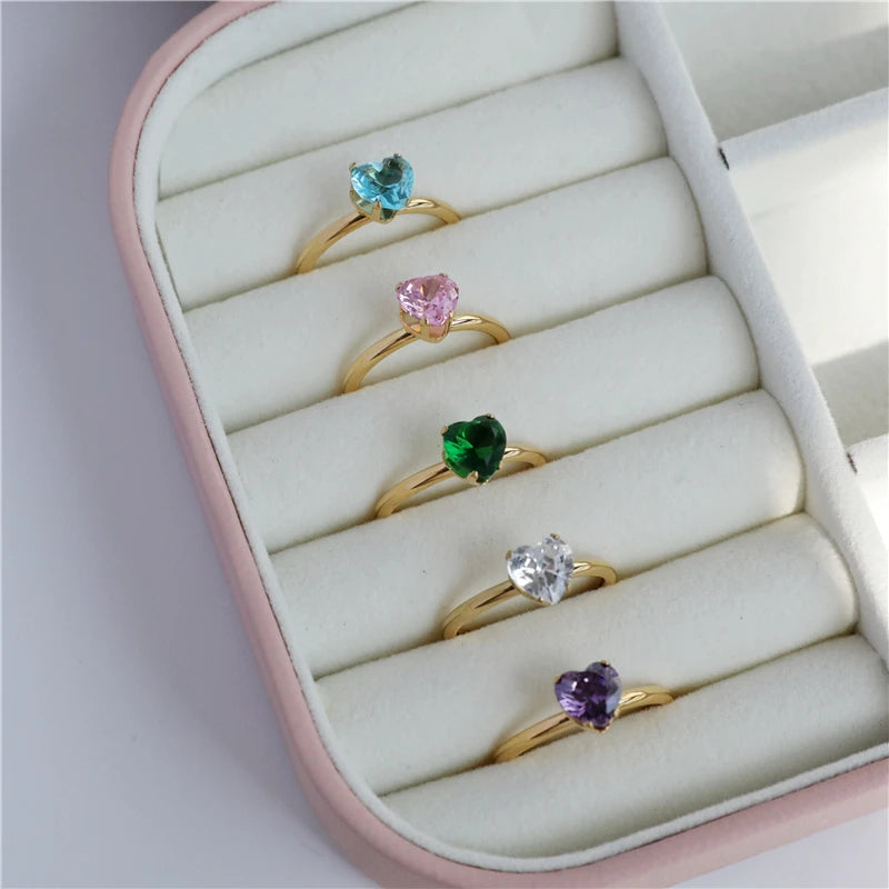 High End 18K PVD Gold Plated Purple Pink Emerald  Shiny Cubic Heart Zirconia Ring for Women Dainty Rings  Waterproof Jewelry