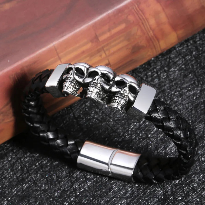 Punk 316L Titanium Devil Skull Real Leather Woven Bracelet for Men Custom Logo Stainless Steel Clasp