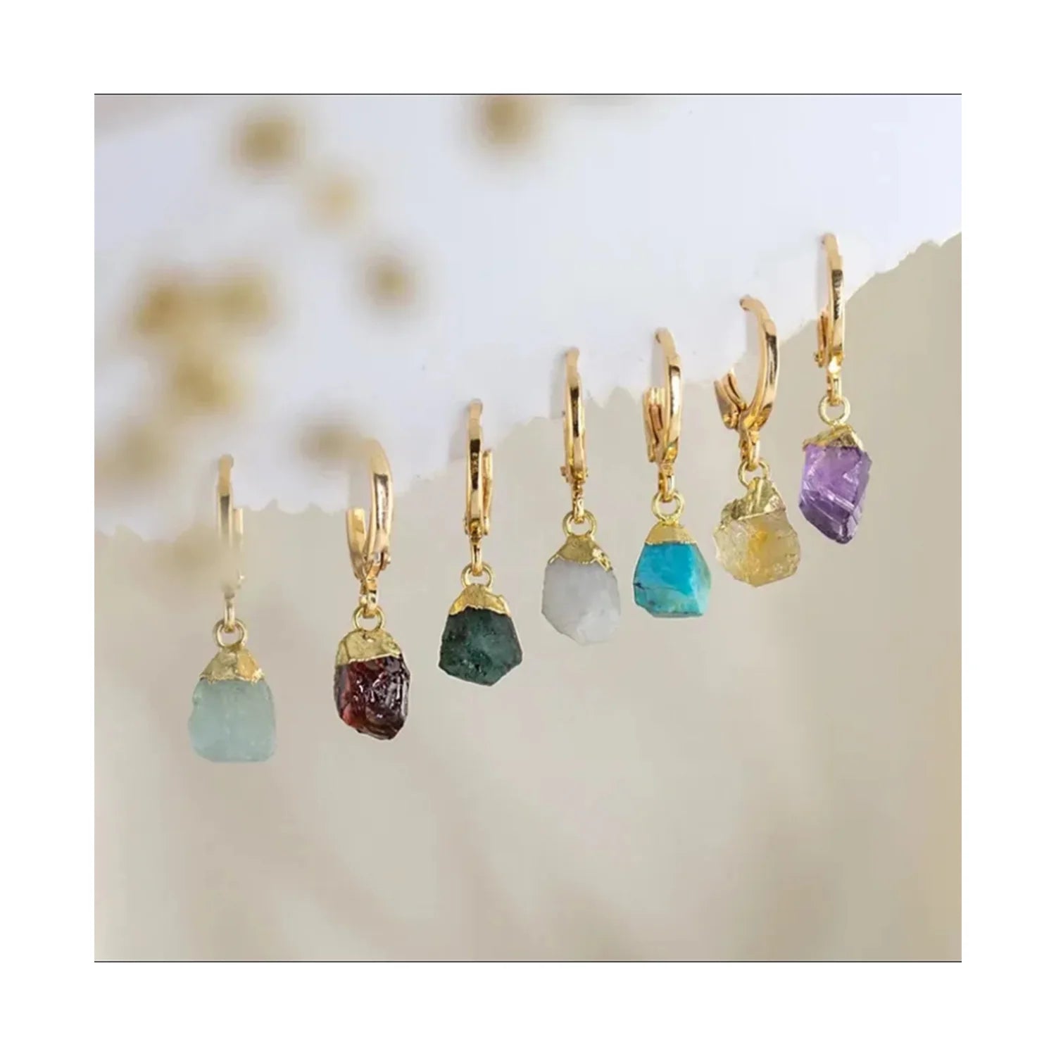 18k Gold Natural Crystal Stone Huggies Hoop Earrings Dainty Amethyst Birthstone Drop Earrings for Women Birthday Gift