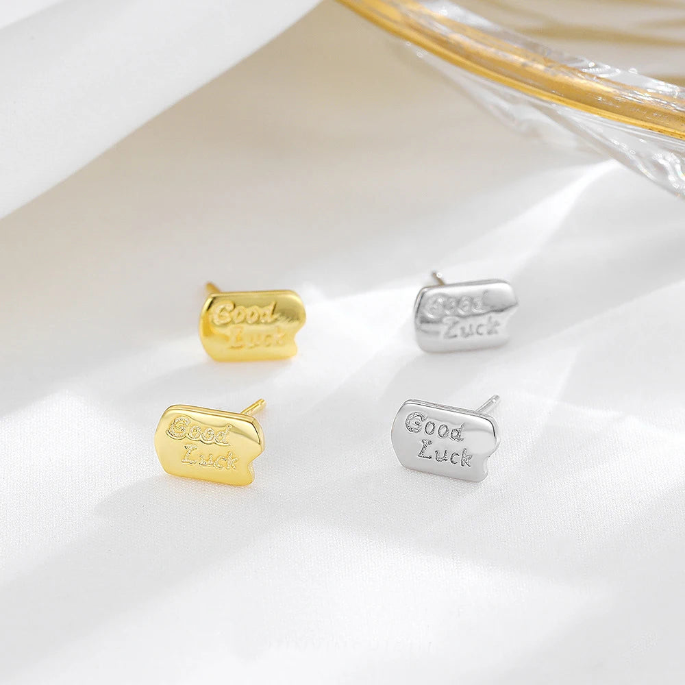 Simple 925 Sterling Silver Hypoallergenic Personality Custom Letter Lucky Stud Earrings for Women Girls