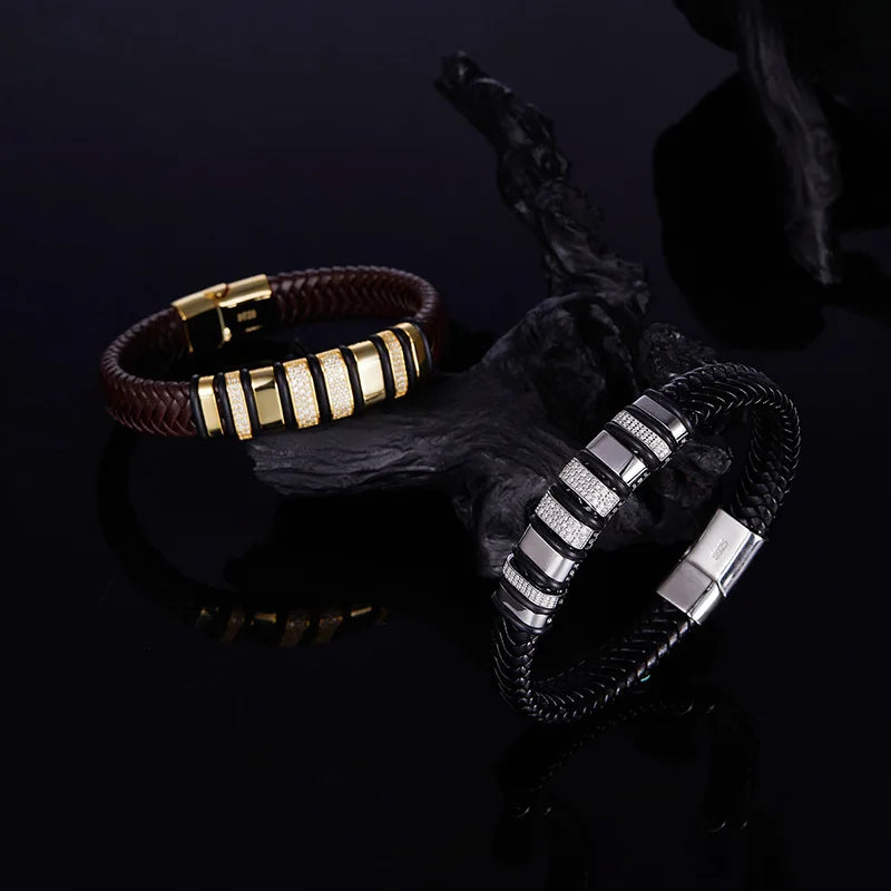 S925 Sterling Silver Men's Business Braided Leather Bracelet Trendy Wholesale Moissanite Bangles & Bracelets