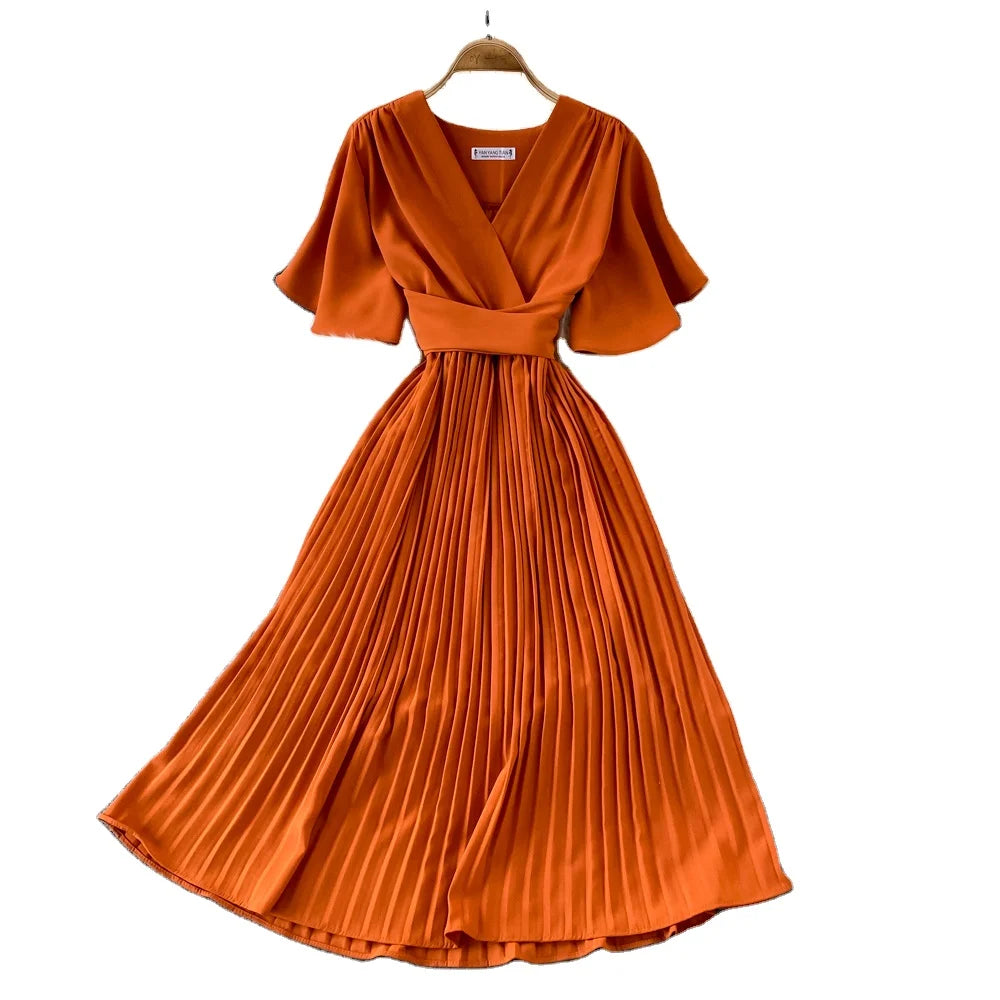 _ Summer New V-neck Short-sleeved Dress Over the Knee Self-cultivation Temperament Waist Tie Big Swing Pleated Dress