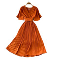 _ Summer New V-neck Short-sleeved Dress Over the Knee Self-cultivation Temperament Waist Tie Big Swing Pleated Dress
