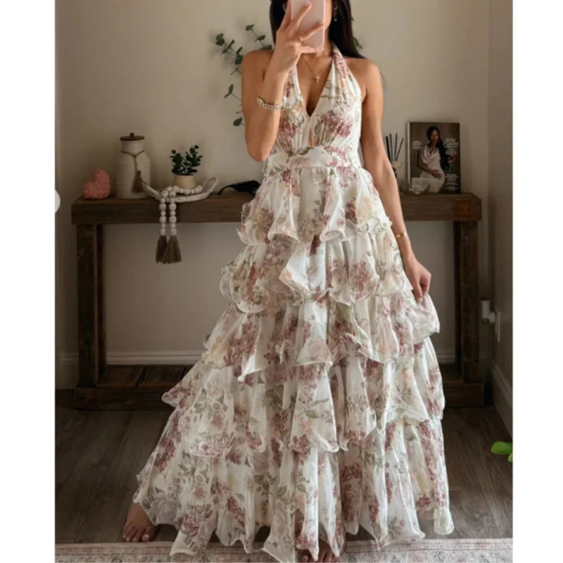 Women's Floral Print Halter Maxi Dress Sexy Backless Tiered Ruffle Boho Beach Dress 2026 New Summer Casual Party Gown
