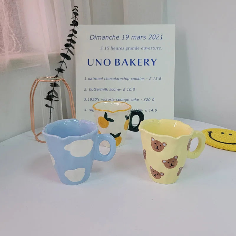 Creative Irregular Hand Pinch Ceramic Bear Mug Blue Sky White Cloud Breakfast Coffee Mug