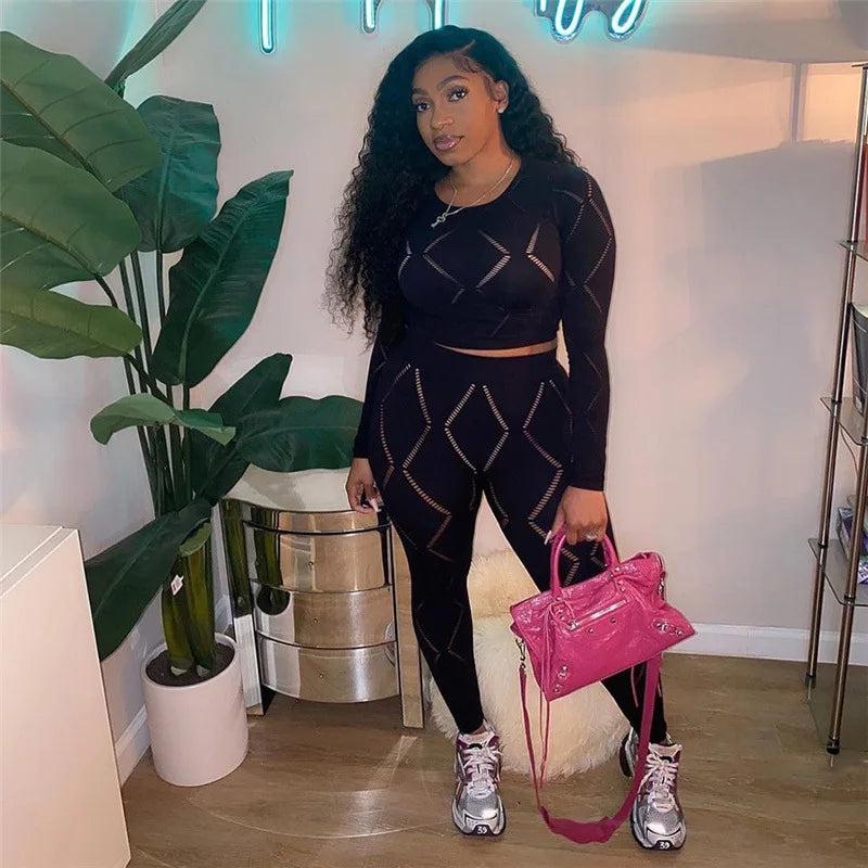 Wholesale New Female 2 Piece Sets Two Piece Pants Set Hollow Hole High Waist Tight Pants Casual Women Tracksuits