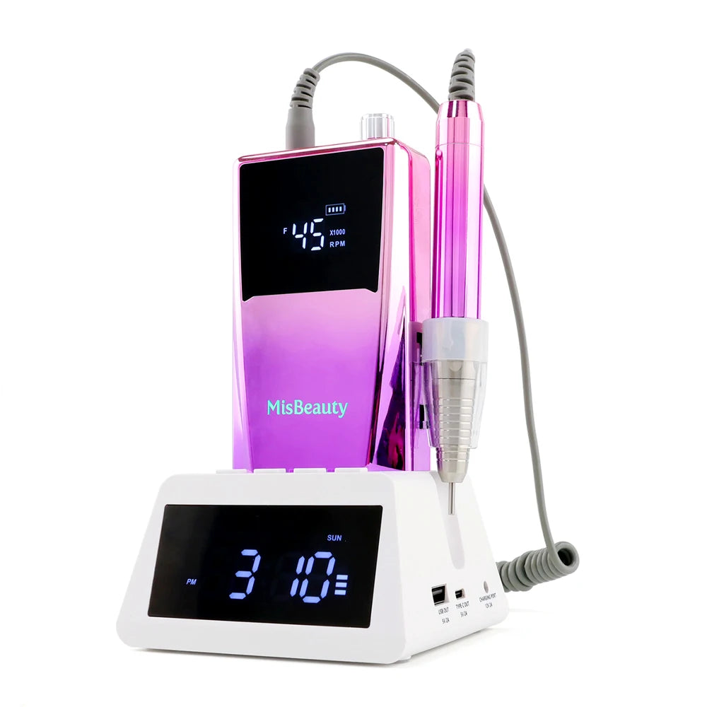 45000rpm Strong Brushless Nail Drill Machine Smart Power Bank with Clock Rechargeable Power Dock Efile