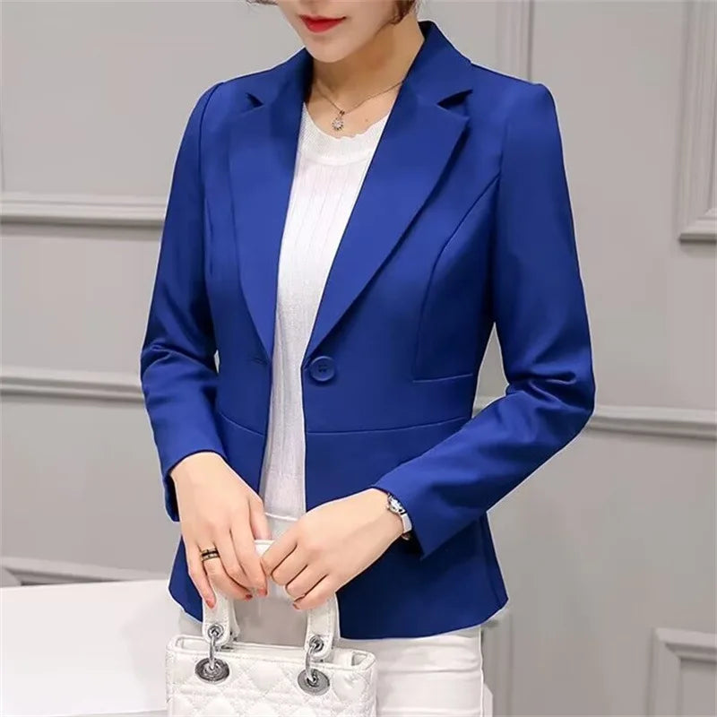 Women Solid Fashion Blazer Coat Turn Down Collar Pocketed Jacket Long Sleeve Autumn Spring Lady Slim Casual Coat
