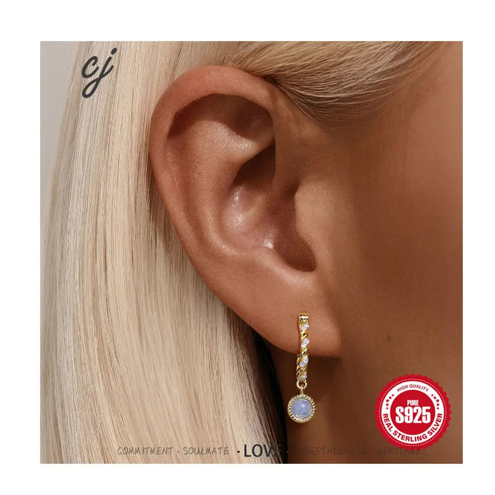 Carline Fashion Hoop Earrings 925 Sterling Silver Blue Opal Pendants Earrings 18k Gold Plated Twist Hoop Drop Earrings for Women