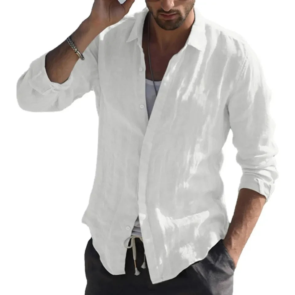 Men Spring Cotton Shirts Lapel Collar Men's Tops Long Sleeve Button Solid Color Cardigan Blouse T-shirt Casual Shirt