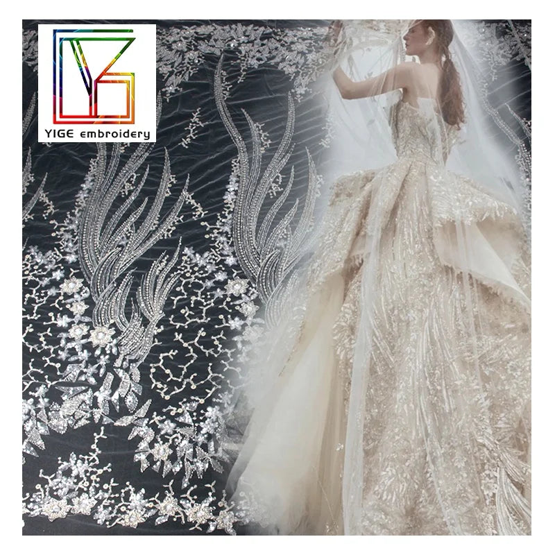 Luxury 3d Flower Sliver Lace Fabric Heavy Beaded Lace Fabric 5 Yards for Evening Dress