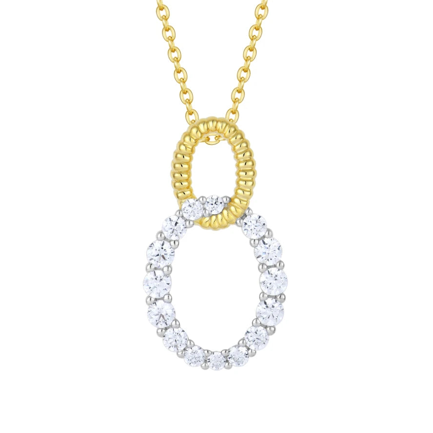 YILUN Gold Plated Cubic Zirconia 925 Sterling Silver Double Oval Link Pendant Necklace for Women Wedding Party