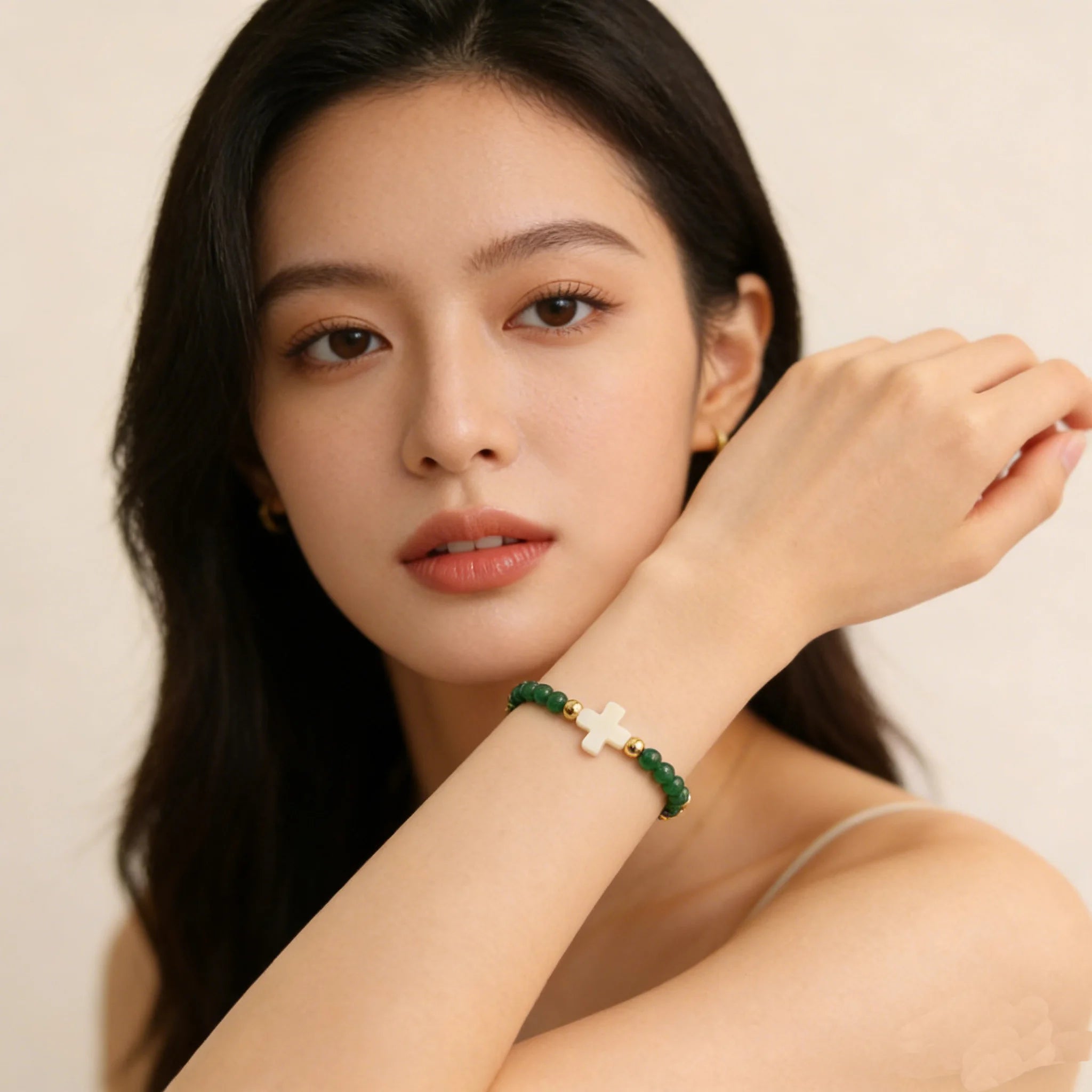Luxury Gemstone 4mm Natural Stone Women Bracelet With Shell Cross