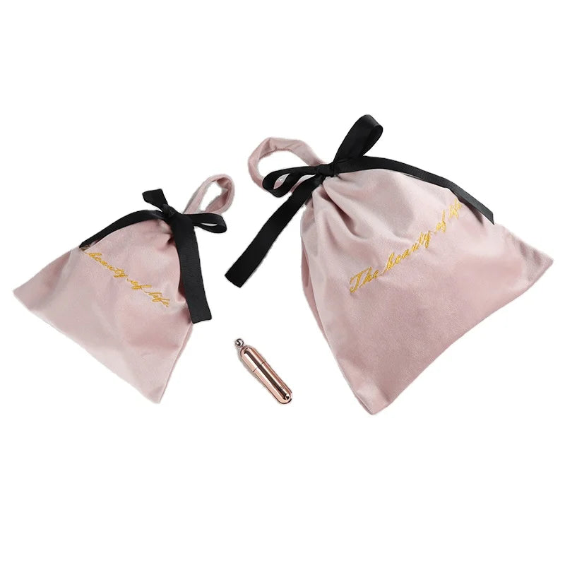Pink Velvet Embroidery Hand Rope Bowknot Drawstring Bag Green Dust-proof Printed Logo Small Pouch