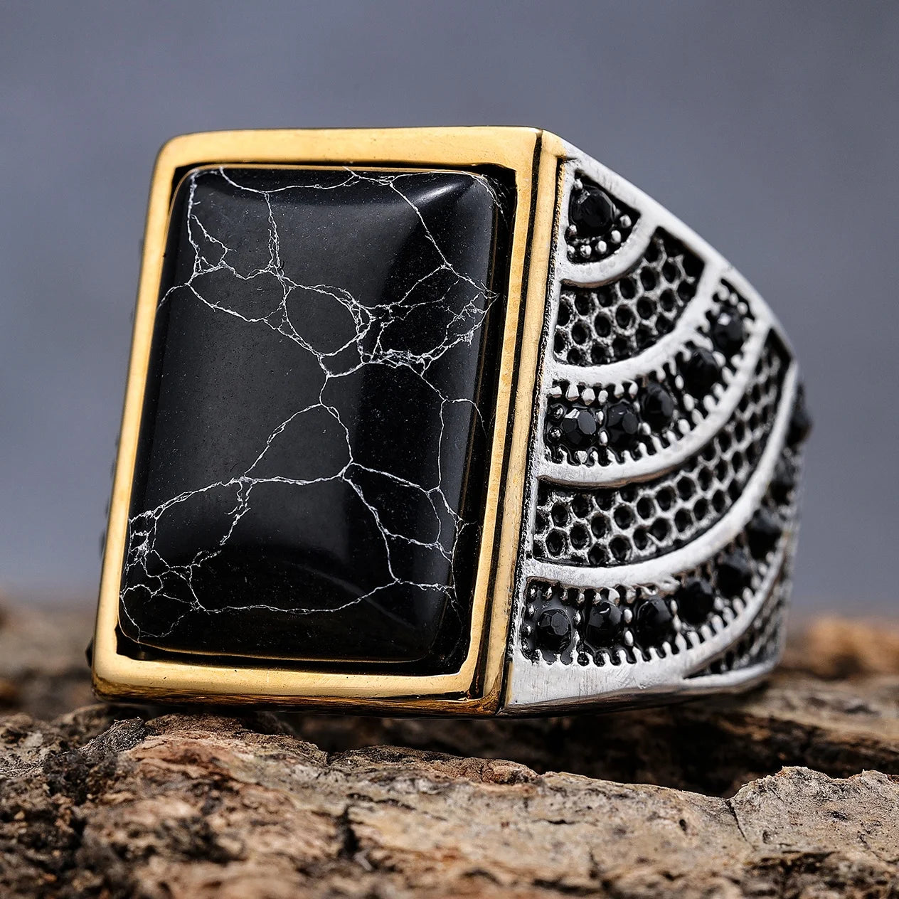 Ready to Ship Vintage Black Zircon Rectangle Large Size Turquoise Stone Rings for Men Women Size 7-15