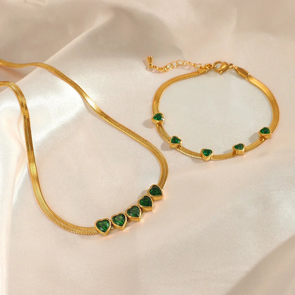 Hot Selling Fashion Jewelry Set Gold Plated Stainless Steel Flat Snake Chain Heart Emerald Zircon Bracelet Necklace YF3216