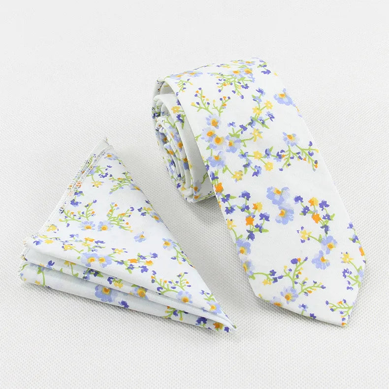 Men Suit Accessory Wedding Flower Print Skinny 6cm Width Cotton Necktie Floral Ties and Pocket Square Sets