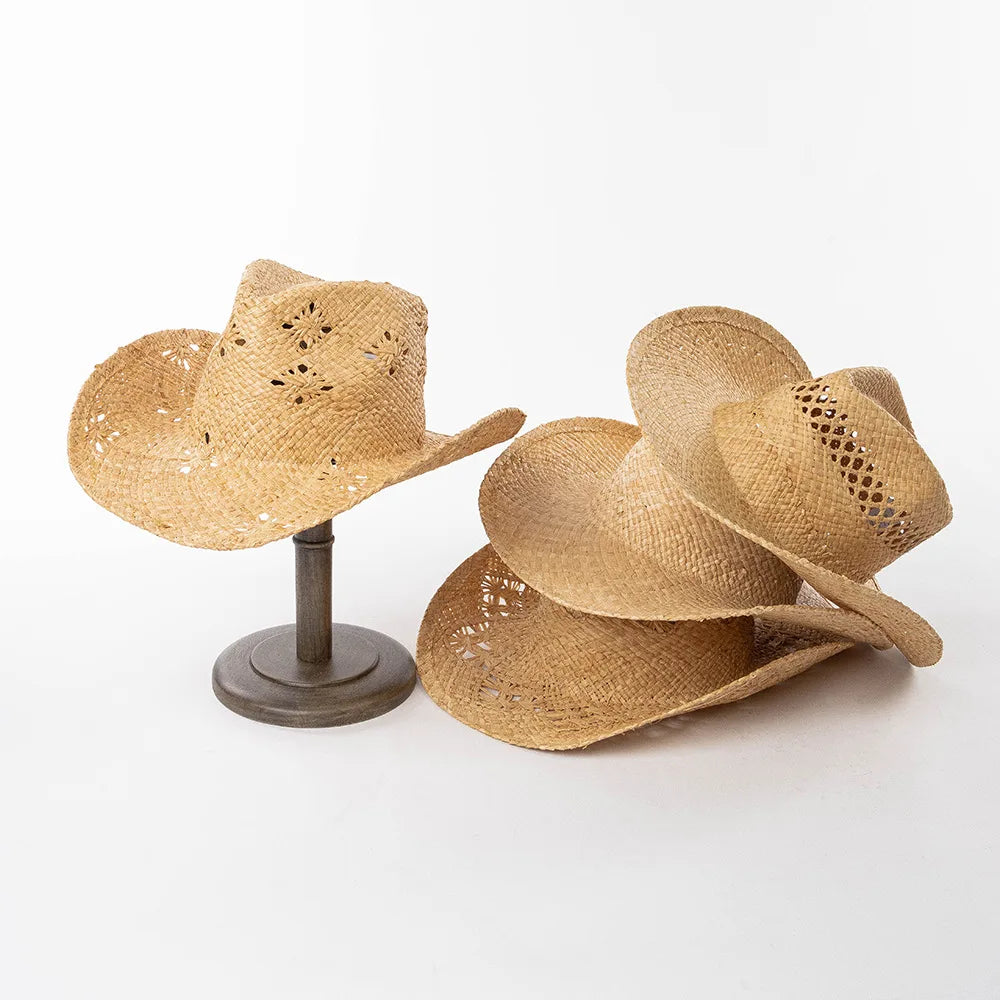 Hot Selling Unisex Spring Summer  Hollow Out Design Outdoor Travel Raffia Straw Wide Brimmed Cowboy Hat