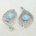 DIY Antique Silver Color Plated Leaf Turquoise Zinc Alloy Jewelry Pendants 35x67mm 10PCs/Bag 1605434