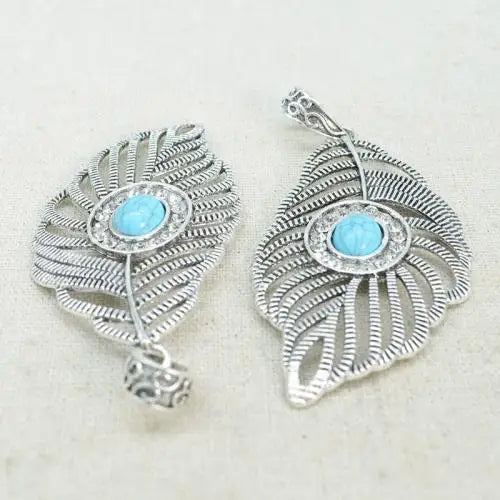 DIY Antique Silver Color Plated Leaf Turquoise Zinc Alloy Jewelry Pendants 35x67mm 10PCs/Bag 1605434