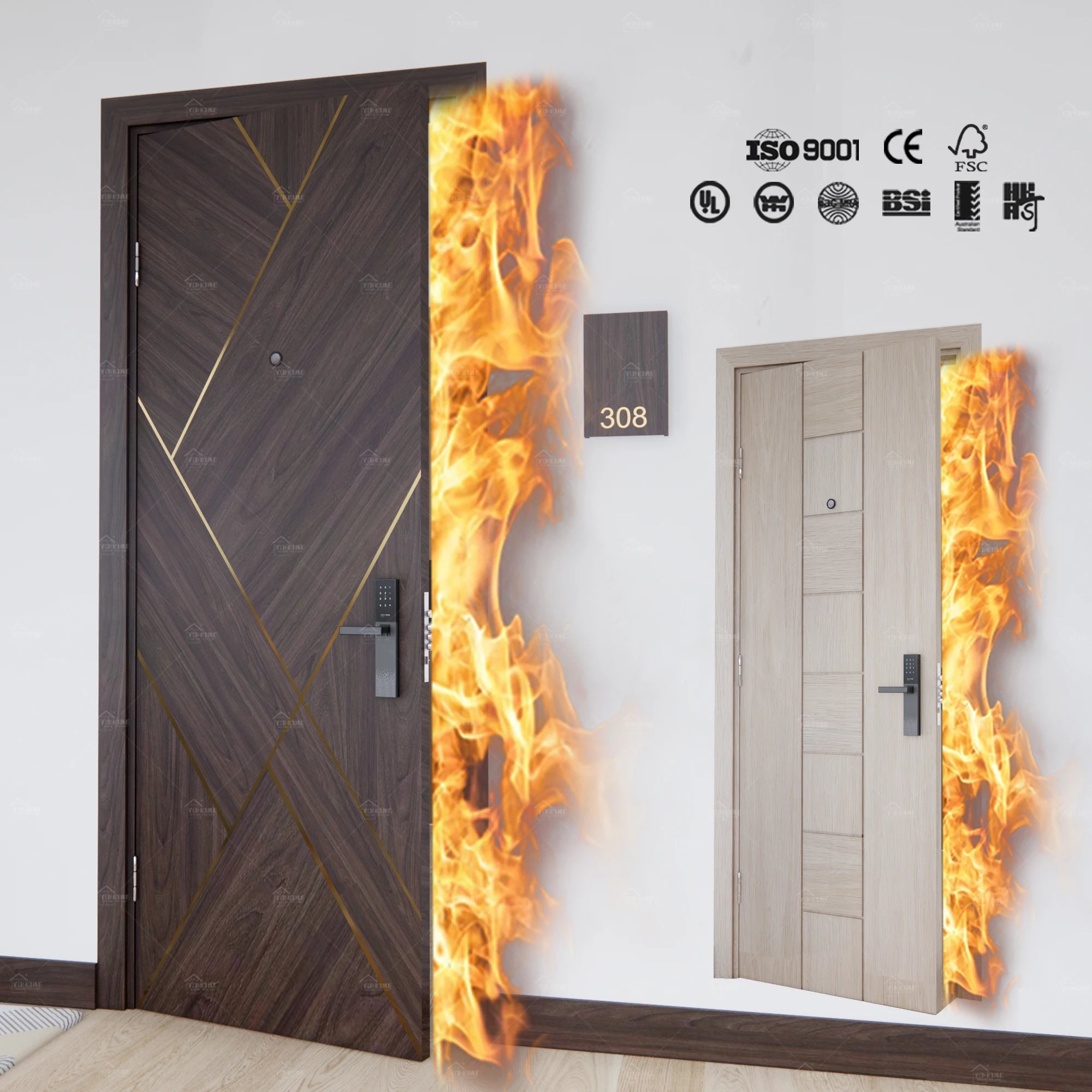 European High End Hotel Style Modern Design Hotel Room Doors High Quality Hotel Guest Room Door 60min Fire Rated Wood Door