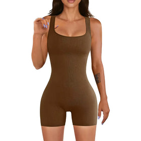 Women Threaded Sleeveless Bodysuit Seamless One-Piece Yoga Wear Gym Fitness Jumpsuit Shapewear
