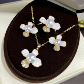 Elegant Women Wedding Blooming Flower Freshwater Pearl Pendant Earrings Necklace Sets Simple Real 18K Gold Plated Bridal Pearl J