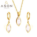 Ason Jewelry Leaf Shape White Shell Hoop Earrings and Pendant Necklace Personalized Fashion Stainless Steel Jewelry Set