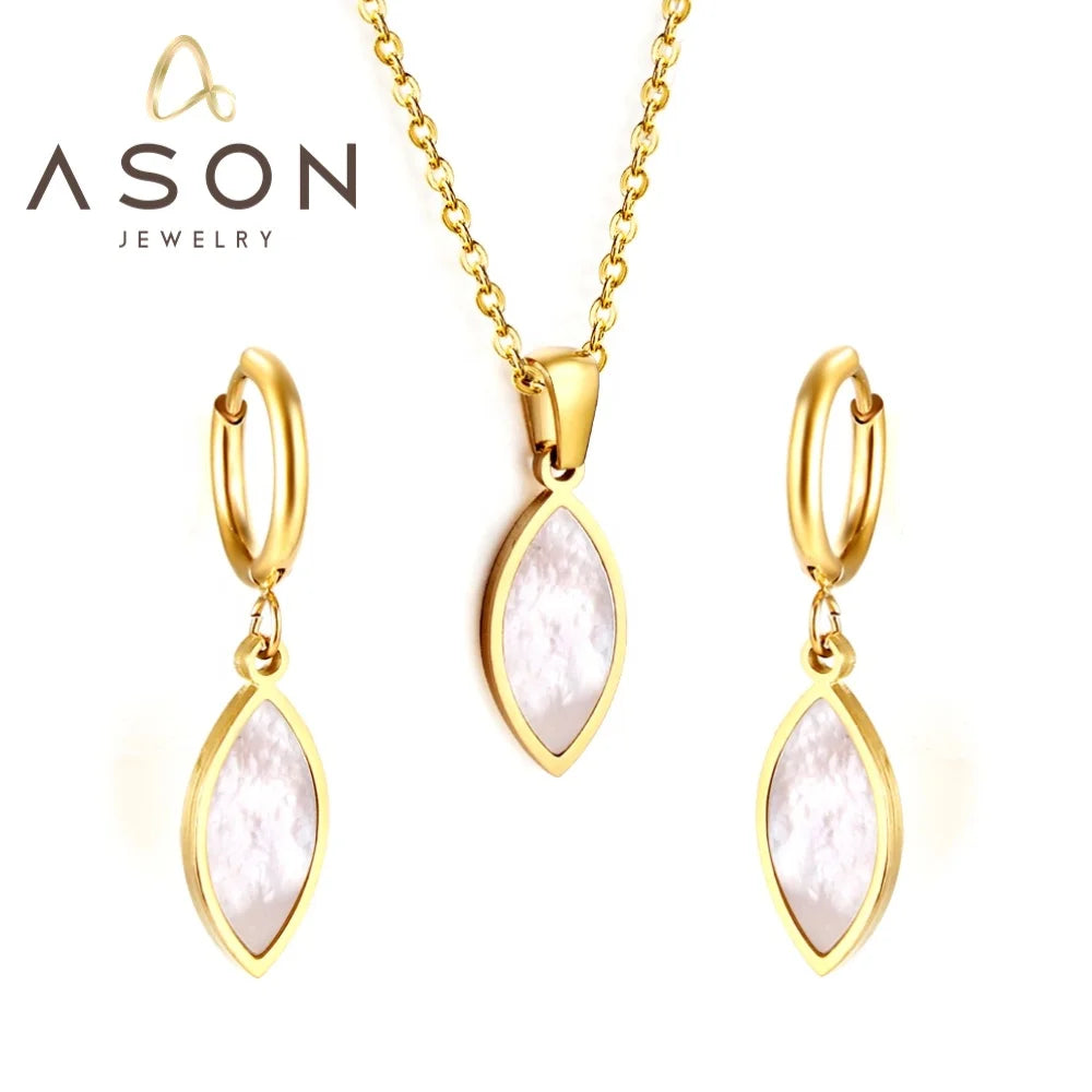 Ason Jewelry Leaf Shape White Shell Hoop Earrings and Pendant Necklace Personalized Fashion Stainless Steel Jewelry Set