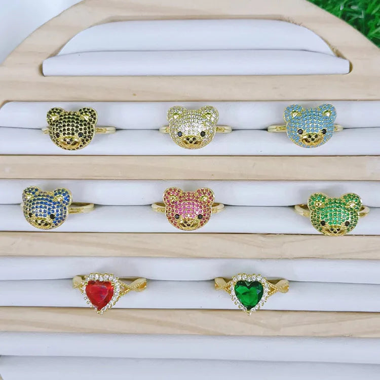 RM1634 Chic 18K Gold Multicolor Diamond CZ Cubic Zirconia Solitaire Heart Bear Rings Engagement Ring Gift for Her