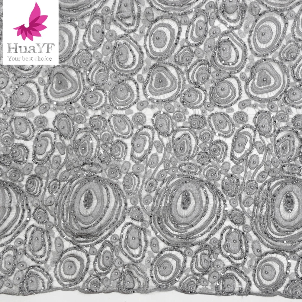 New Collection French Guipure Heavy 3d Beaded Lace Grey Sequins Pearls Wedding Bridal Lace Dress Fabric for Show HY1362-6