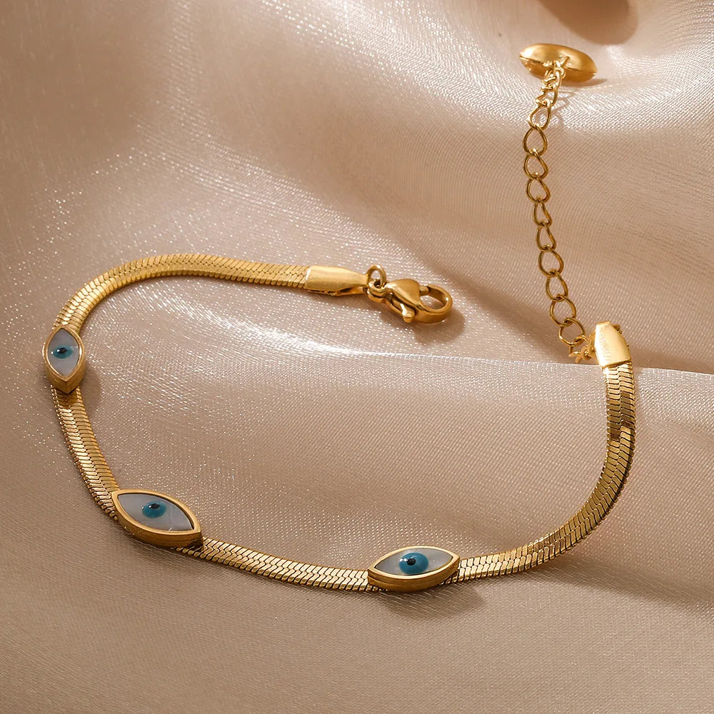 Vintage Gold Plated Blue Devil Eye Herringbone Chain Bracelets Snake Bone Chain Evil Eyes Stainless Steel Bracelet for Girl