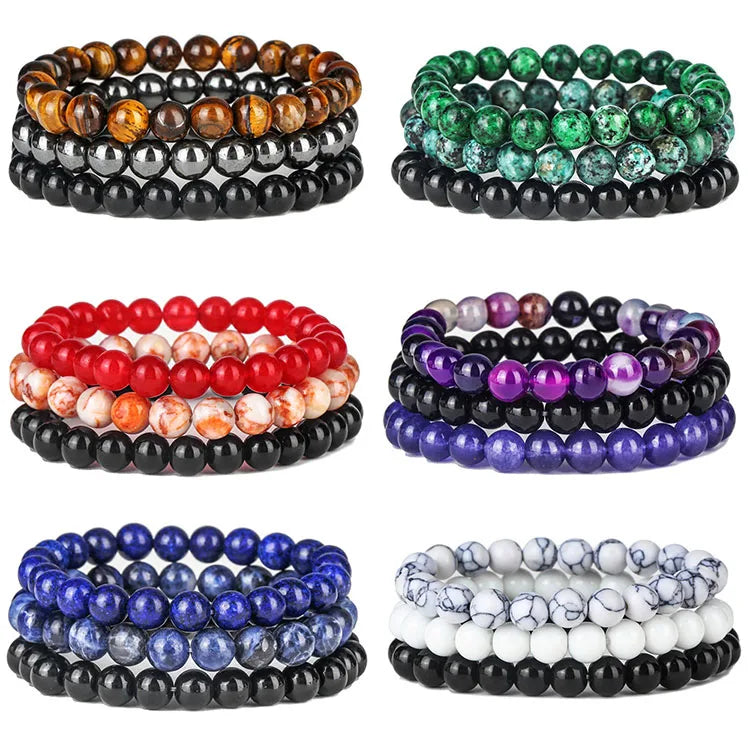 G1278 3Pcs/Set Tiger Eye Rose Quartz Turquoise Amethysts Bracelets for Women Men Jewelry 8mm Stone Bracelet Set