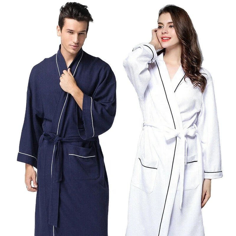 100% Cotton Unisex Waffle White Hotel Bath Robe Towel Bathrobe Set Weave Shawl Kimono Hotel Spa Sleepwear Dress