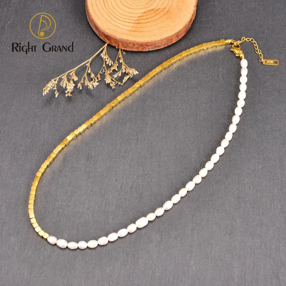 Vintage Stainless Steel Gold Plated Half Faceted Square Beads Half Freshwater Pearl Beaded Necklace for Women Girls