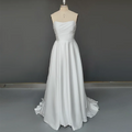 Real Photos Gorgeous Strapless Sleeveless A-Line Simple Sweep Train Satin Wedding Dress Side Slit Bridal Gown for Women